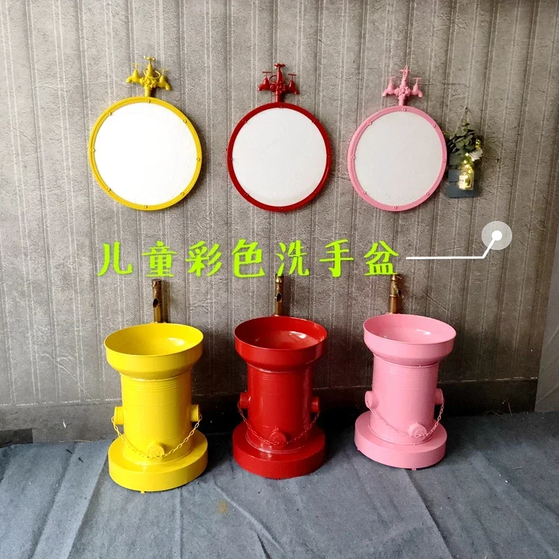 Kindergarten children's industrial style column basin, floor to floor washbasin, colored iron washbasin