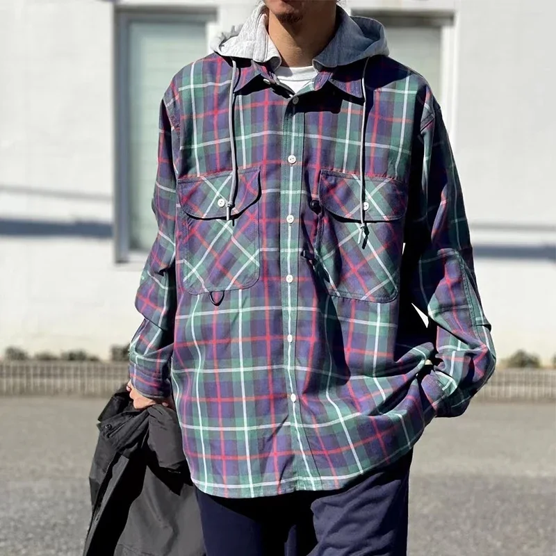 

23SS PIER39 Two Fake Hooded City Boy Vintage Loose Casual Men's and Women's Purple Long-sleeved Thick Plaid Shirt Coat