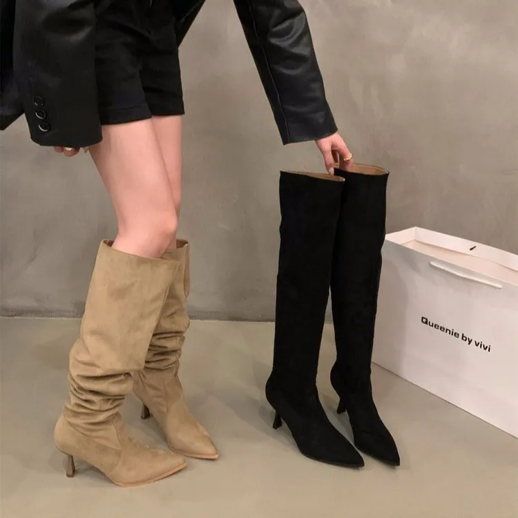 Botas de ante puntiagudas de tacón alto, zapatos de mujer, botas de caballero largas y ajustadas de lana para otoño e invierno