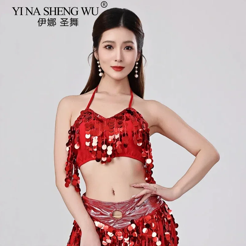 Women Belly Dance Costume Sexy Lace Up Crop Top Padded Bra Halter Dancewear With Sequins Coins Tassel Oriental Performance Outfi