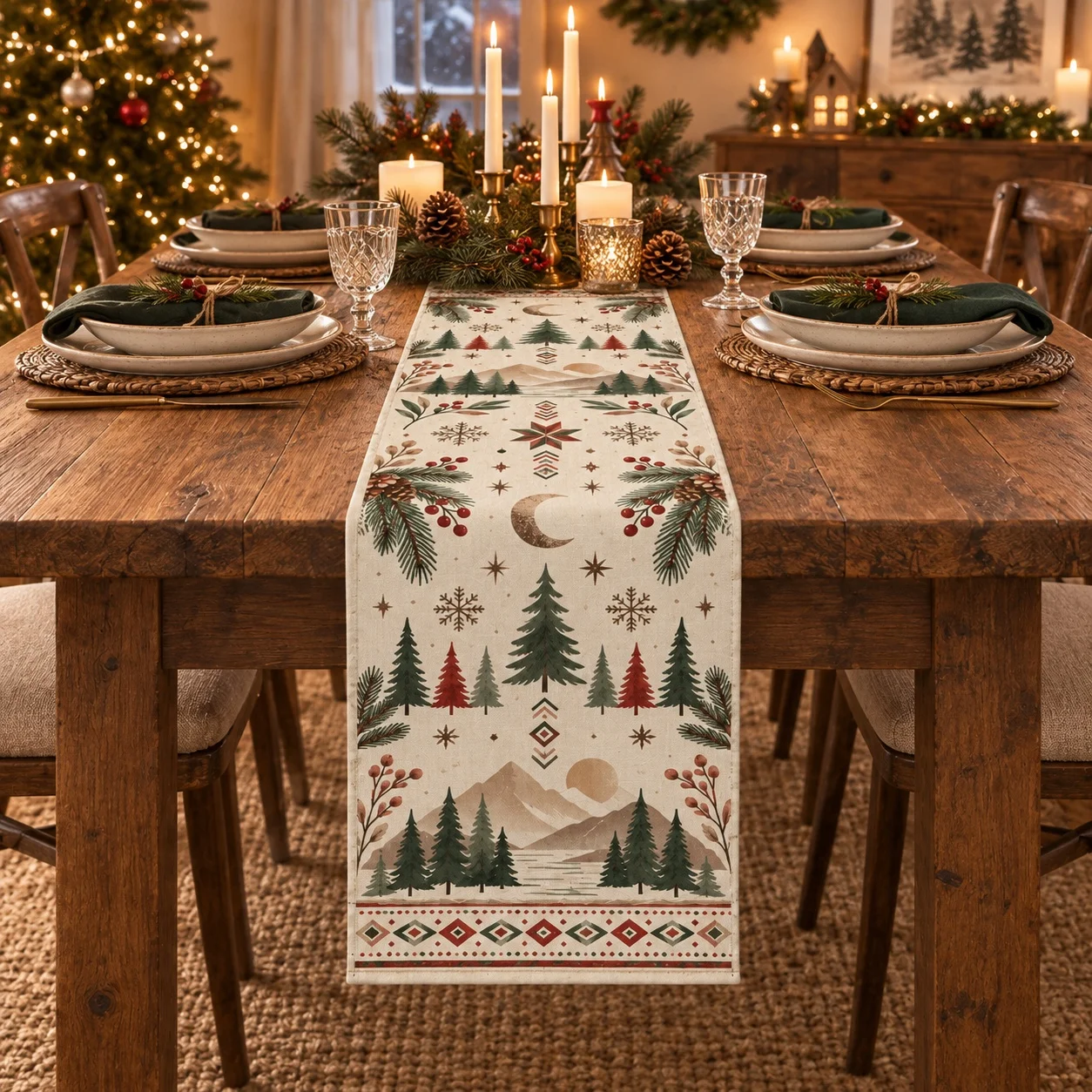 Winter Christmas Table Runner Pine Tree Snowflake Mountain Pattern Long Tablecloth Holiday Dining Room Kitchen Decoration