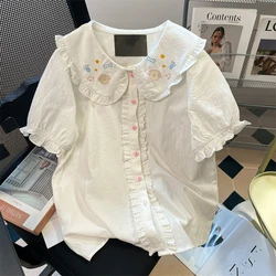 Japanese Kawaii Cute Lolita Blouses Women Vintage Sweet Lace Peter Pan Collar Shirts 2024 Spring Embroidery Tops Blusas Feminina