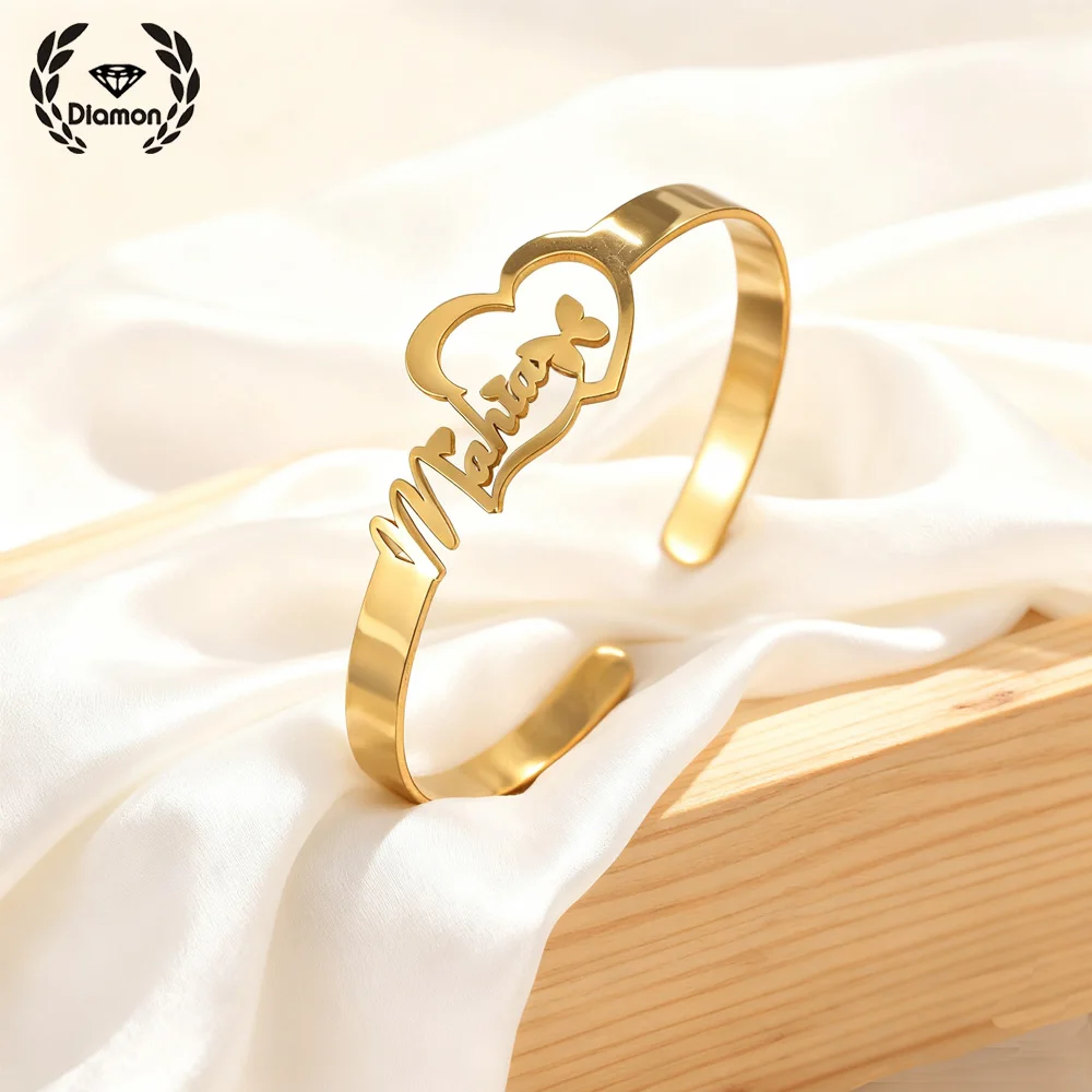 Diamon Custom Hollow Letter Name Stainless Steel Bracelet 6mm Thick Open Design Personalized  Jewelry Stylish Gift for Women