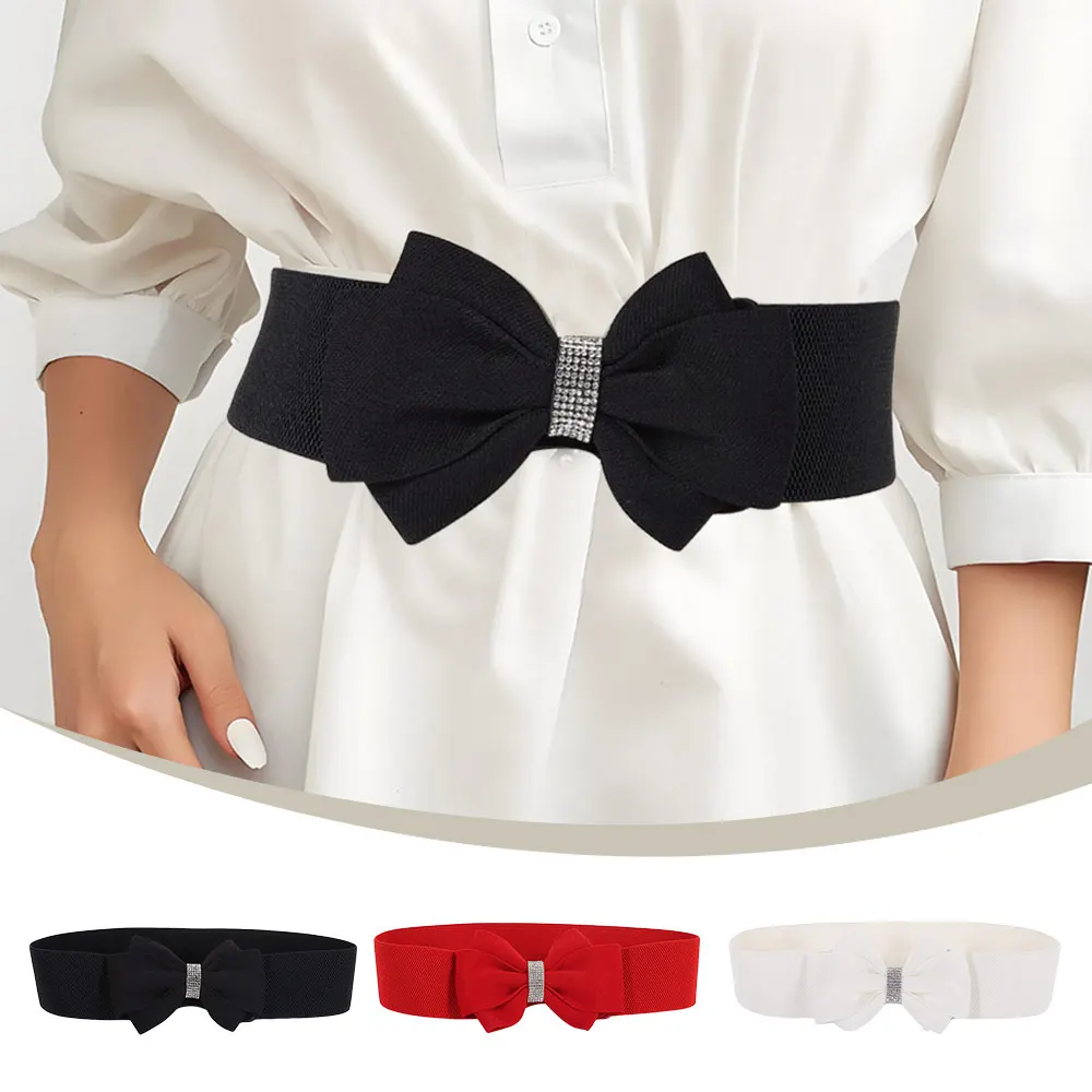 Adjustable Buckle Women's Elastic Wide Belt Plus Size Solid Color Elastic Bow Belt Rhinestone Stretch Belt for Dress Jeans