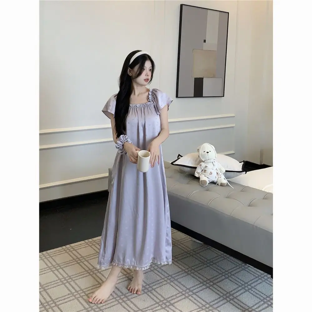 Women Summer Short Sleeves Pajamas Dress Ruffle Off-shoulder Sweet Long Nightdress Female Lace Trim Home Dress Heart Print Dress