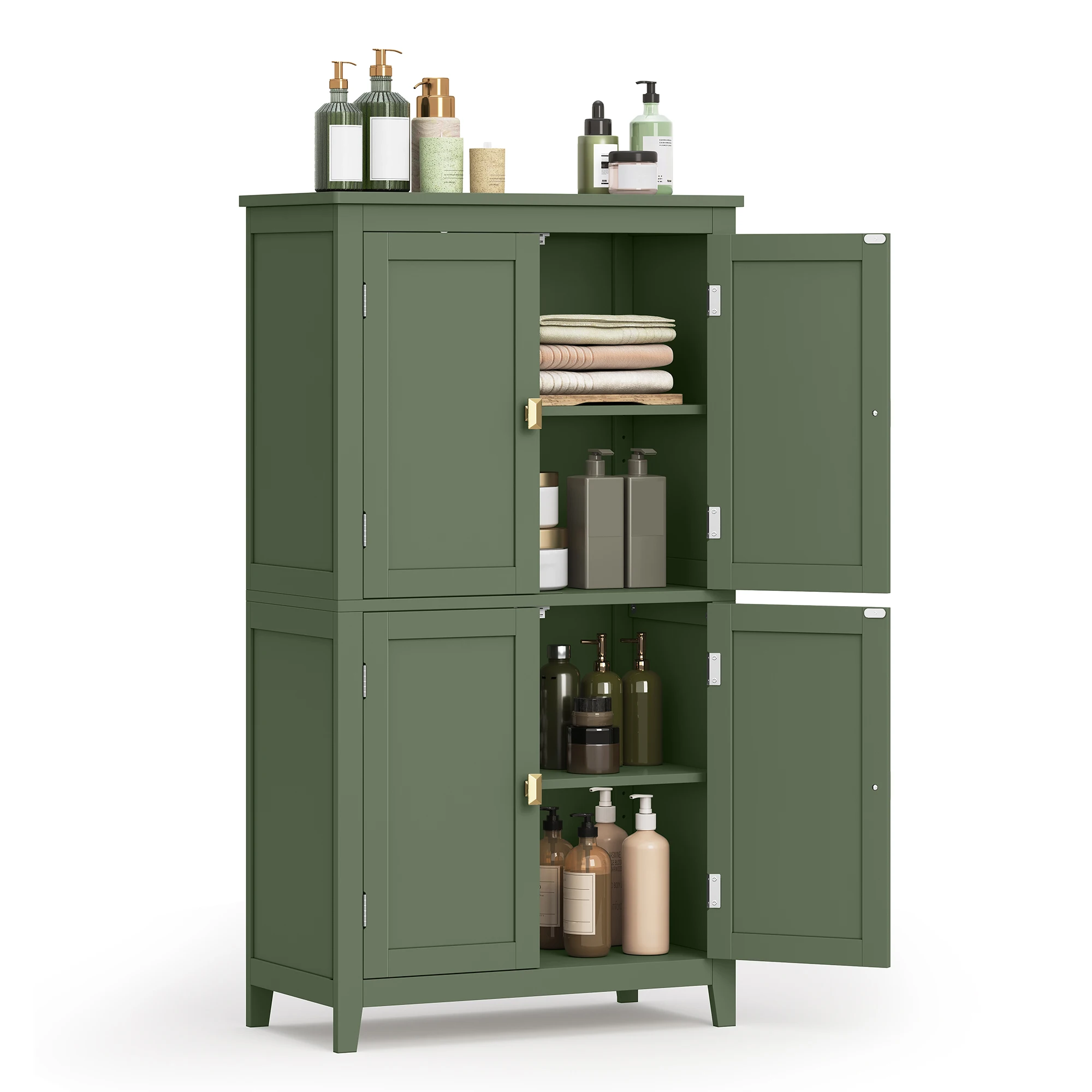 4-Door Wood Cabinet Bathroom Floor Storage with Adjustable Shelves for Home Entry Living Room