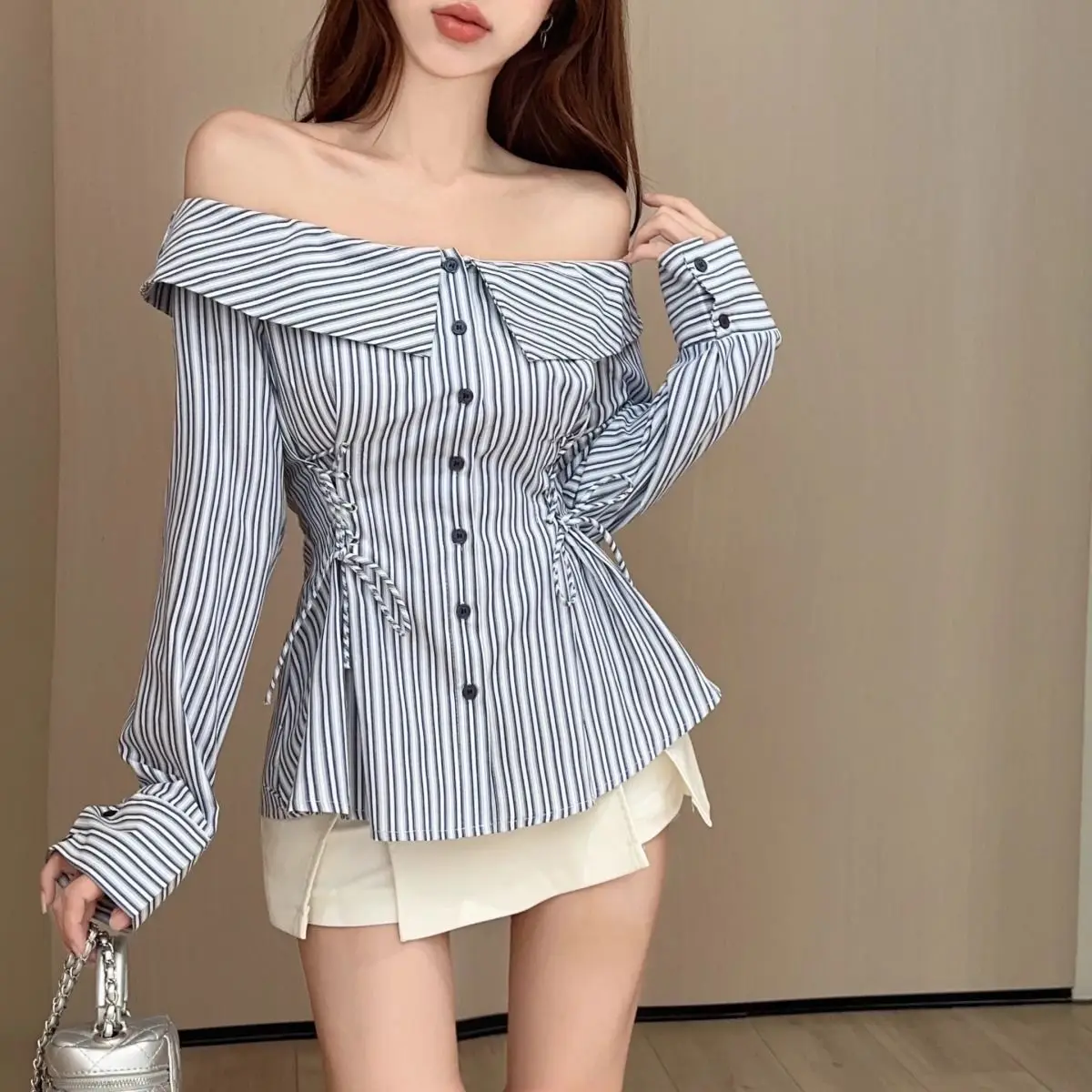 

Striped Sexy Shirt High Quality Women Autumn New Slash Neck Off Shoulder Slim Long Sleeve Bandage Blouse Fashion Ladies Crop Top