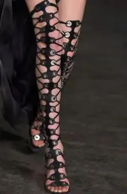 

Drop Shipping Women Sexy Black Cross Tied Hollow Gladiator Stiletto Heels Over The Knee Sandals Boots Roman Thigh Long Boots