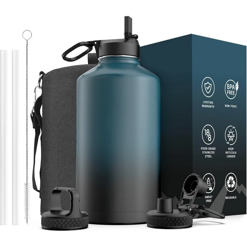 

Бутылка для воды на 128 унций, изолированная с соломинкой и 3 крышками, кувшин для воды, большой металлический вакуумный кувшин из нержавеющей стали с широким горлышком для Sp