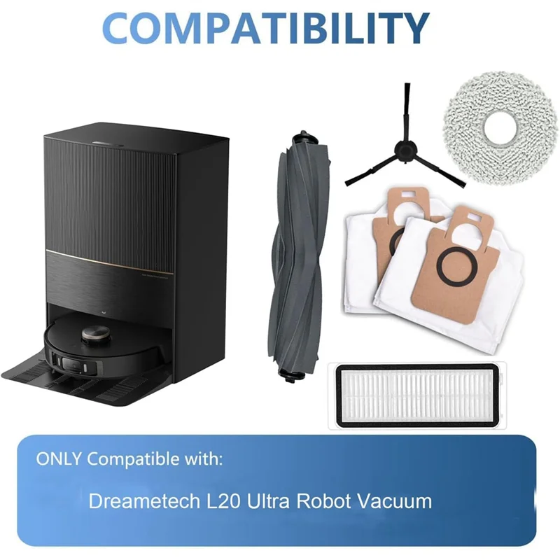 A01V-For Dreame L20 Ultra Robot Vacuum استبدال فرشاة جانبية رئيسية مرشحات Hepa ممسحة الملابس أكياس الغبار الملحقات