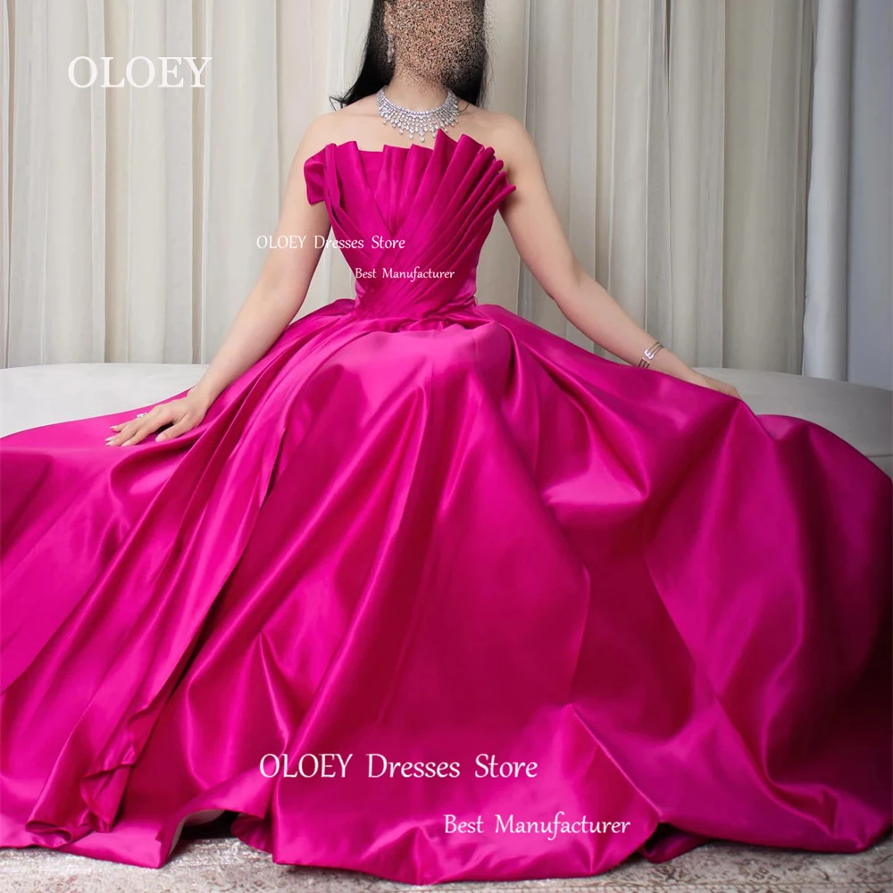 

OLOEY Elegant Pleates Satin Evening Dresses A-line Strapless Floor Length Wedding Party Dresses Arabic Dubai Custom Made