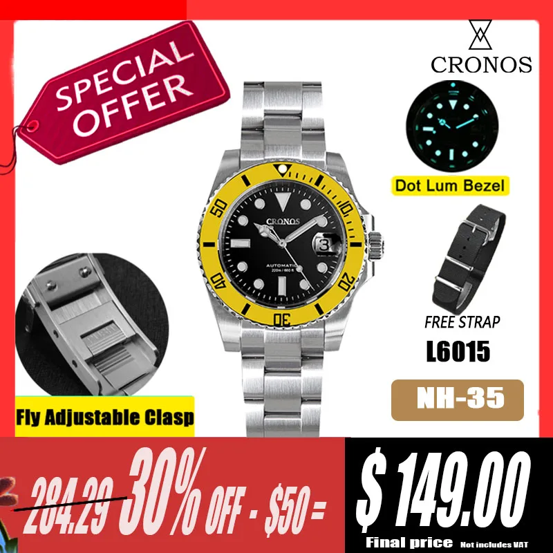 Cronos Sub Diver Men Watch Stainless Steel NH35 Brushed Bracelet Ceramic Bezel 200 Meters Water Resistant Adjustable Clasp L6015