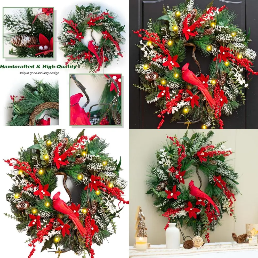 

24 Illuminated Christmas Wreath with Pine & Berries for Front Door, Suitable for Holiday Season Indoor or Outdoor