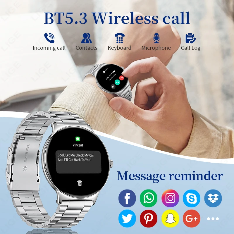 LIGE Bluetooth Calling Smart Watches 1.43 Inch AMOLED Smartwatch Heart Rate Spo2 Pedometer Sport Watch Multifunction Wristwatch