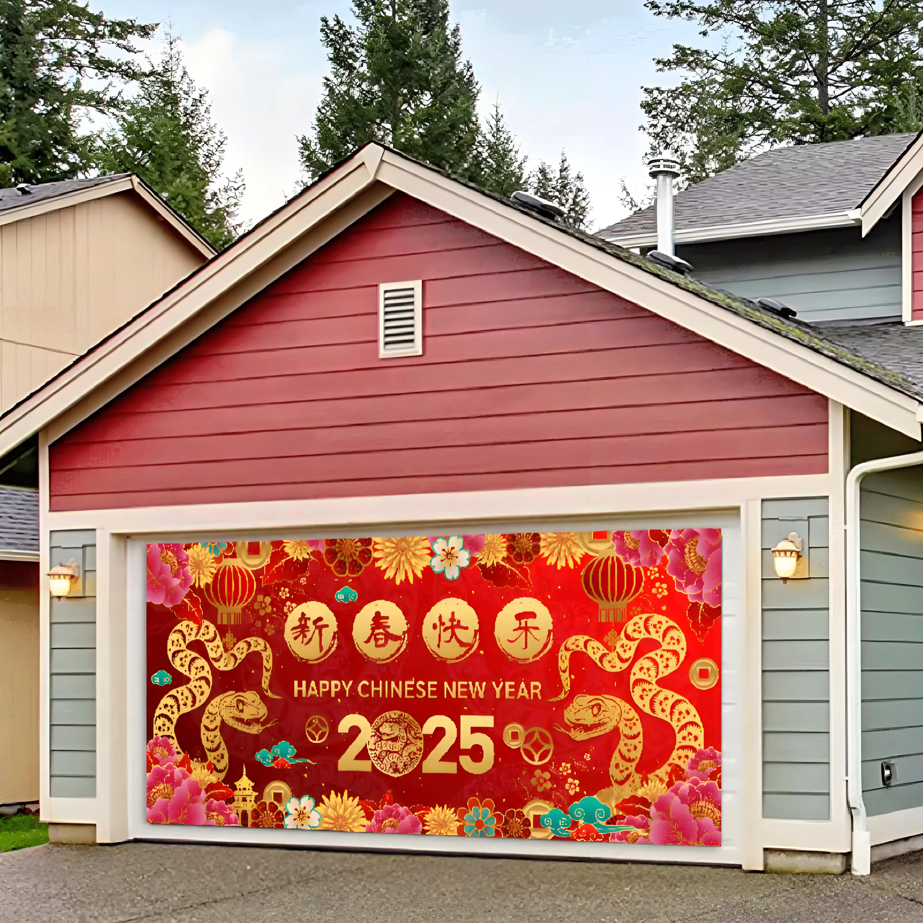 Happy Chinese New Year Garage door Snake Year Traditional Chinese festival Indoor and outdoor wall decoration