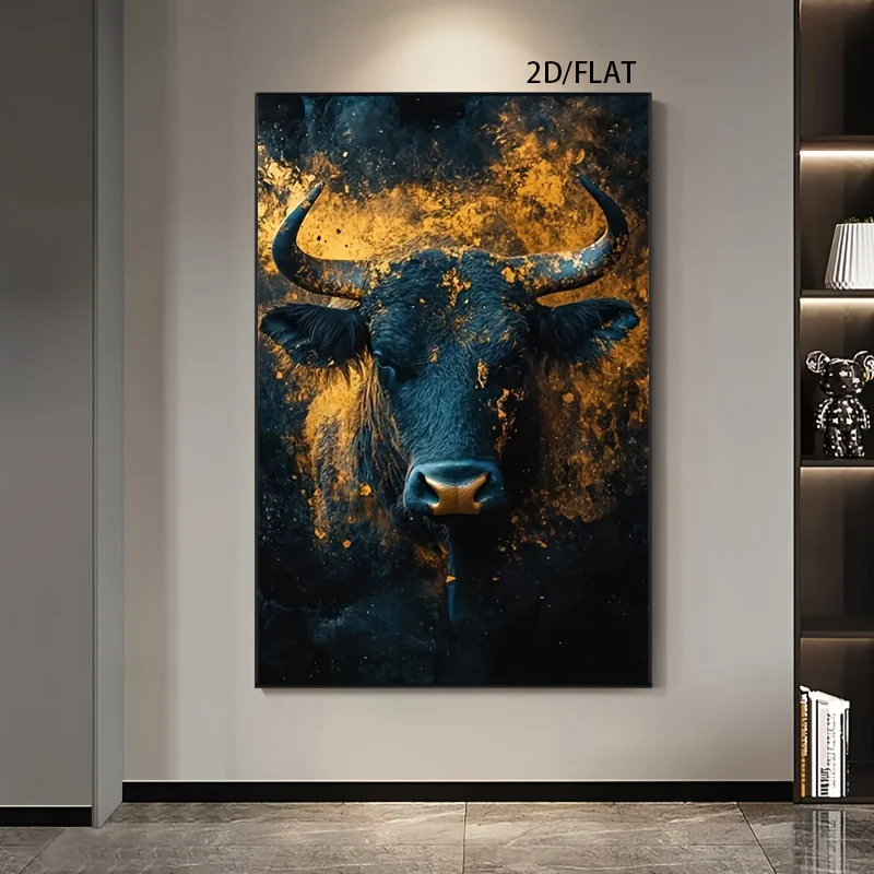 2D Flat, 1pc Black Bull Head with Horns Canvas Art Print - Frameless 31.49x47.24 Inch Wall Decor for Living Room, Bedroom, Kitch