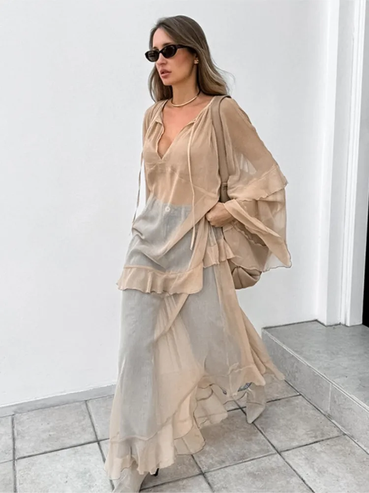 

Sexy Perspective Loose Dolman Sleeve Dress For Woman Spring Summer Fashion V-neck Splicing Long Dresses Lady Outerwear Vestidos