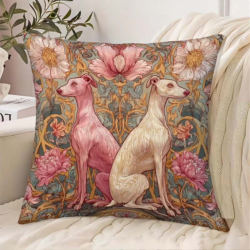 Pillow cover 45x45 Pillow cases 50x50 2D flat- Vintage Floral Greyhound Throw Pillow Cover Art Nouveau Style Decorative Cushion