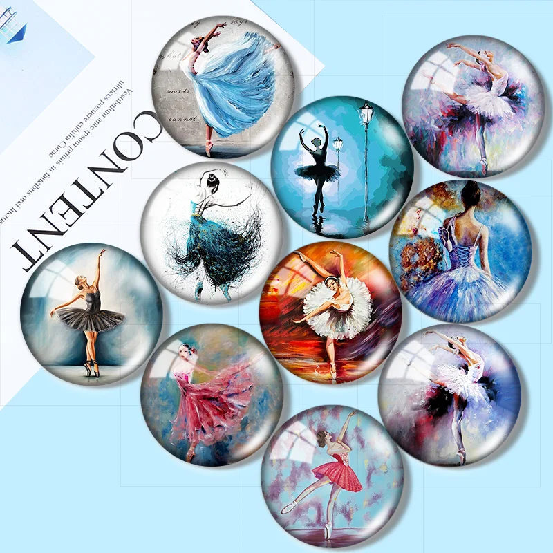 Ink painting dancers ballet 10pcs 12mm/16mm/18mm/25mm Round Photo Glass Cabochon Demo Flat Back Making findings