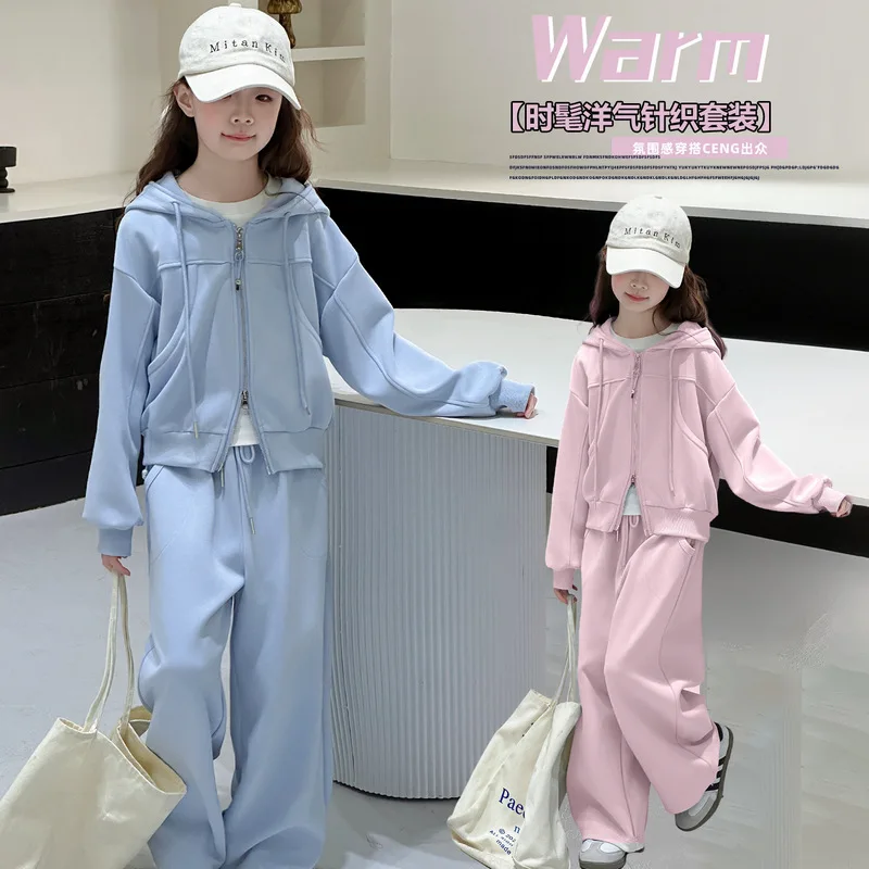 Girls Sports Set Spring Autumn Fashion Kids Pure Color Zippered Hoodie+Pants 2pcs suit Korean Style Casual Children's Sweatshirt