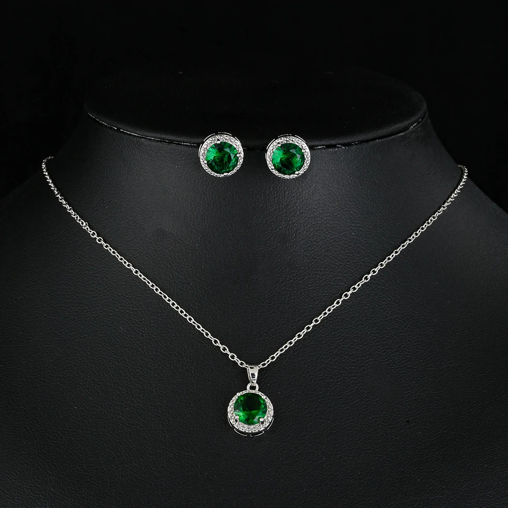 LXOEN Fashion Green Cubic Zirconia Stone Round Necklace Earring and Ring Set Bridal Wedding Party Jewelry for Women Joyas Mujer