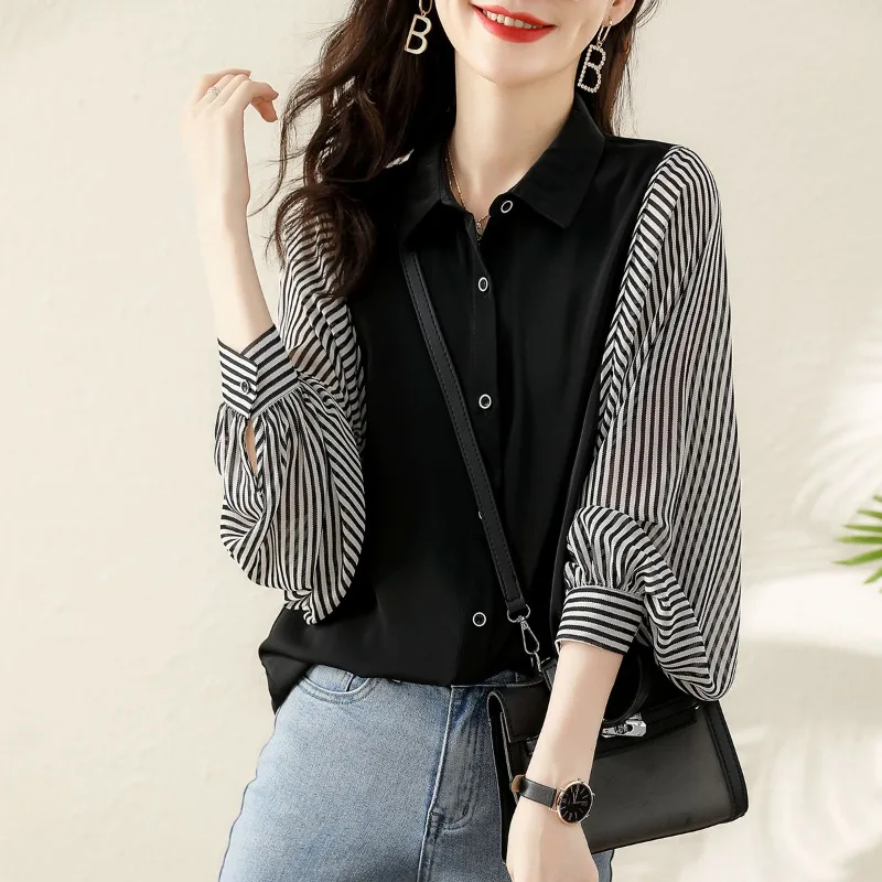 

Vintage Women's Blouses Striped Casual Shirts Fashion Loose Summer Korean Clothing Long Sleeved Chiffon Patchwork Women Top