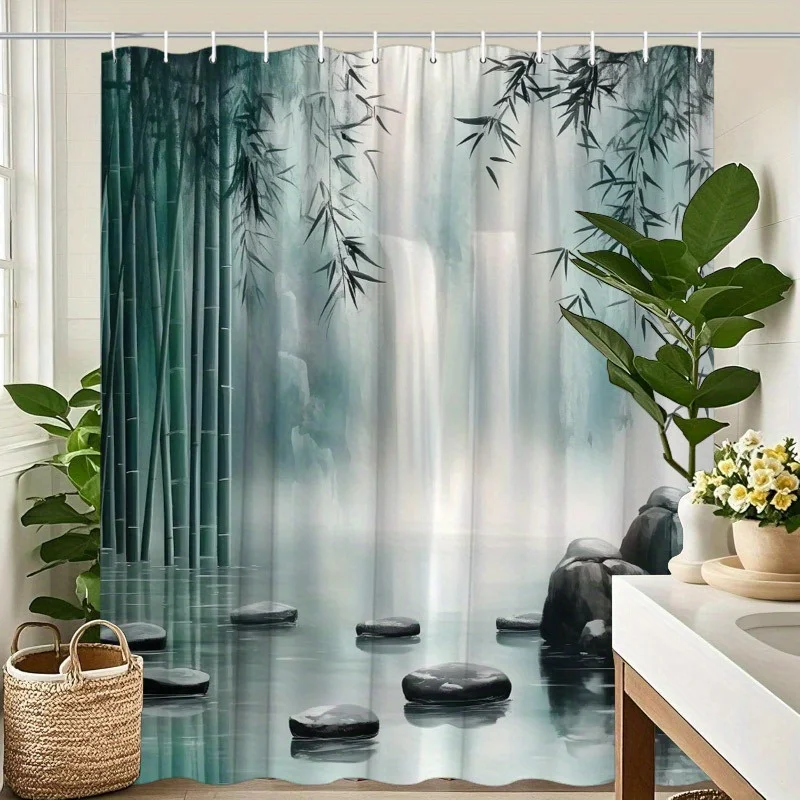 Misty Bamboo Waterfall Shower Curtain – Reflective Pool, Zen Stones & Foggy Forest | 2D Flat Print, 70.8×70.8