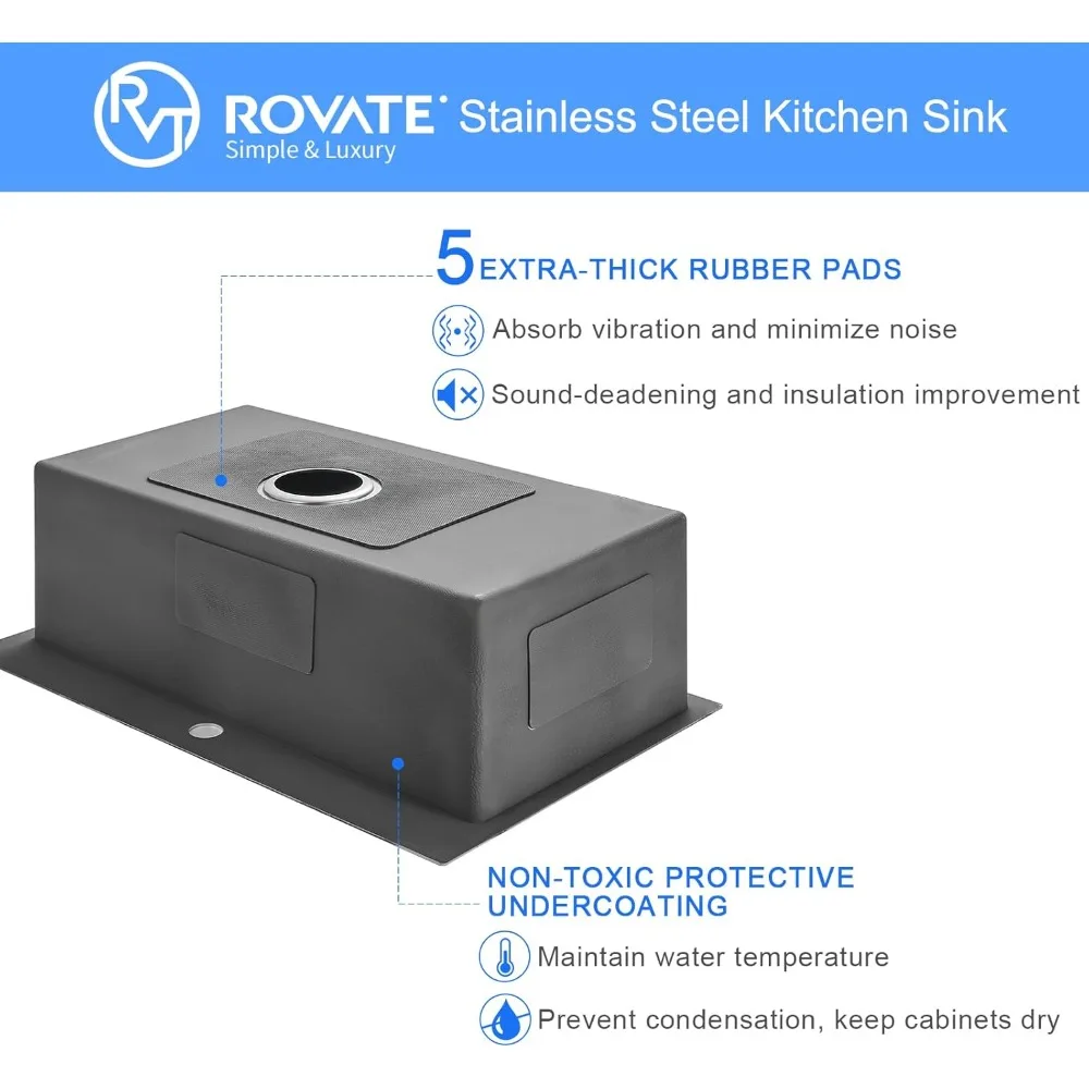 حوض مطبخ ستانلس ستيل 26 × 18 بوصة وعاء واحد 9 جبل عميق تصميم قطرة مصنوع يدويًا مع فتحة واحدة للصنبور