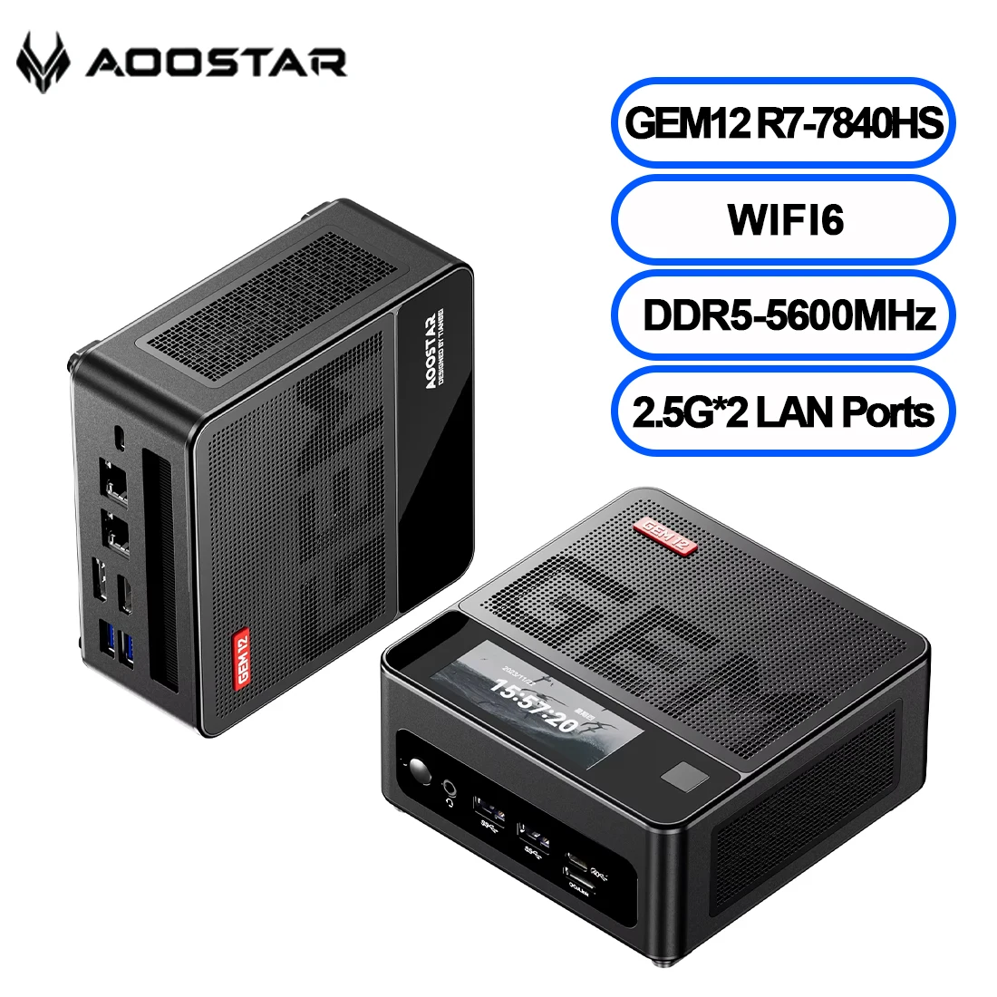 

AOOSTAR GEM12 Mini PC Ryzen 7 7840HS DDR5 RAM PCIe4.0 SSD Gaming Desktop PC with OCuiLink/2*2.5G LAN/Fingerprint+Sub-Screen