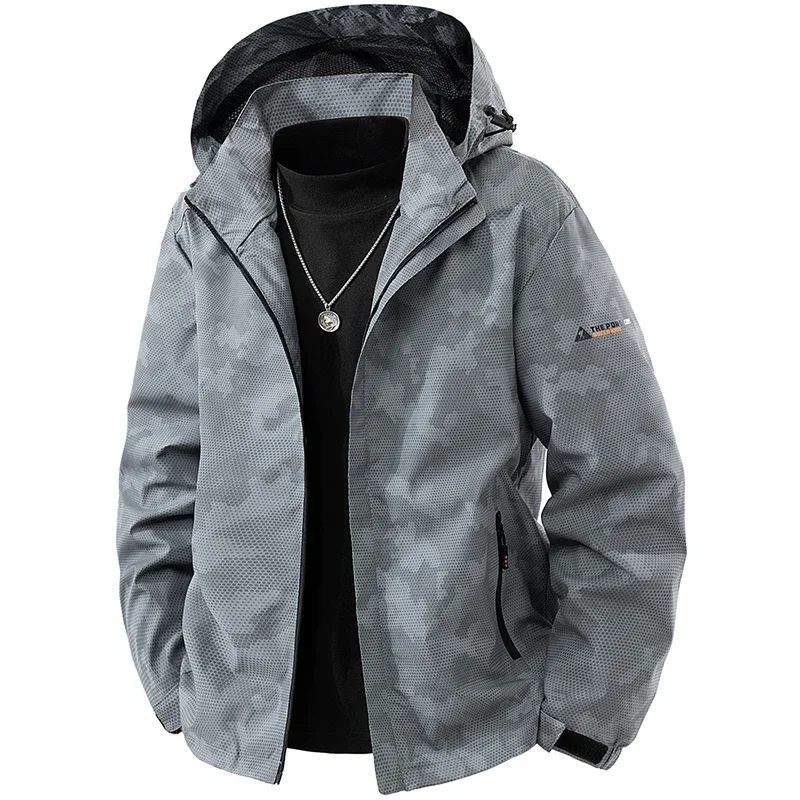 Man's Camouflage Hooded Windbreaker Jacket Autumn Spring Full Zip Mesh Lined Multi Pockets Outdoor Casual Waterproof Sports Coat