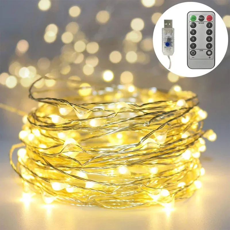 Lámparas LED de alambre de cobre de 10 m a 20 m, USB, 8 funciones, decoraciones navideñas remotas, luces, cadena de luces decorativas para fiestas en el jardín