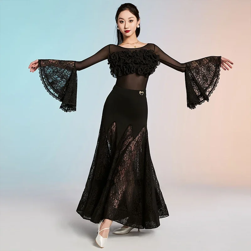 

2025 New Women Black Lace Mesh Ballroom Dance Suit Waltz Tango Modern Dance Standard Competition Dress Adult Dancewear