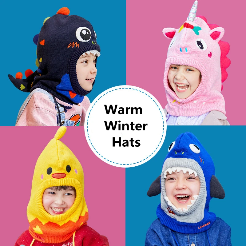 Kids Winter Hat Pompom Children Knitted Hats Baby Girls Boys 3D Animal Hat with Warm Fleece Lining Hats