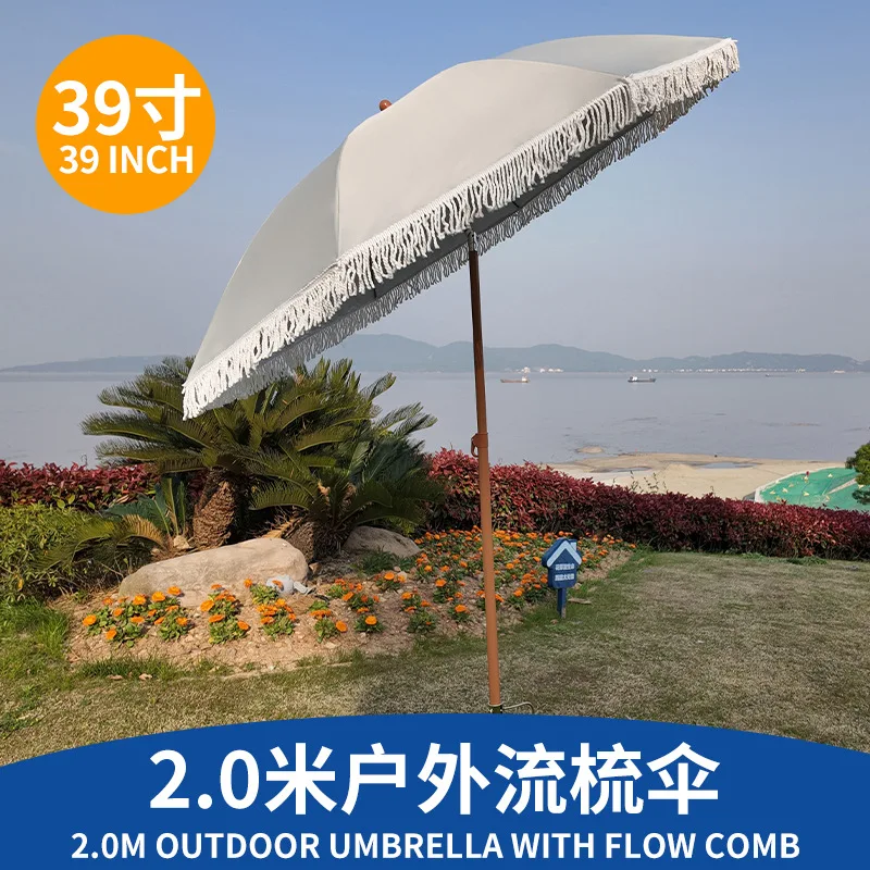 JMZ Fringed Beach Umbrella Outdoor Patio Parasol for Women Garden Villa Hotel Large Sunshade with Tassels for Courtyard
