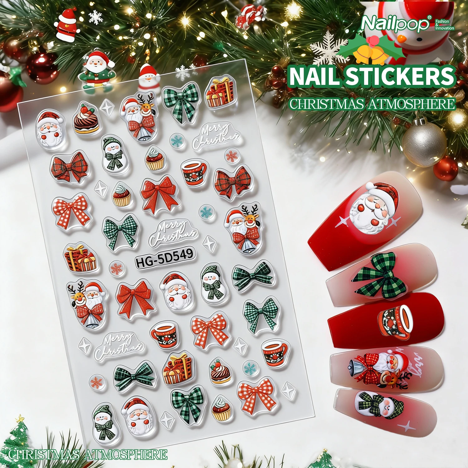 NAILPOP ملصقات الأظافر عيد الميلاد مسمار ملصقات فنية عطلة لتقوم بها بنفسك مسمار الفن الديكور القلب القوس سهلة تطبيق المواد الآمنة الكمال 1 قطعة #1