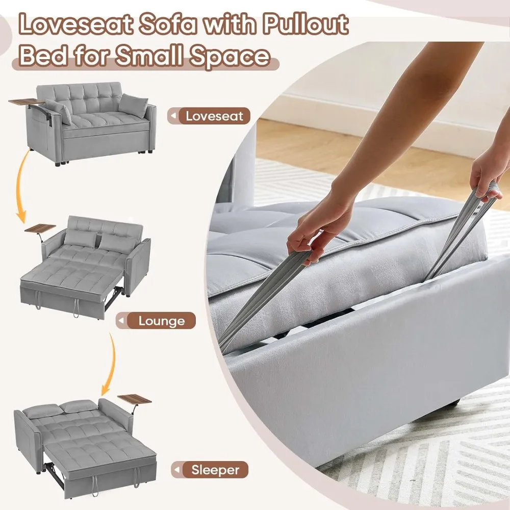 أريكة سرير قابلة للتحويل مع 360 درجة ° طاولة جانبية دوارة، نائمة بمقعدين مخملي حديث، سرير قابل للسحب مع ميزات قابلة للتعديل #6