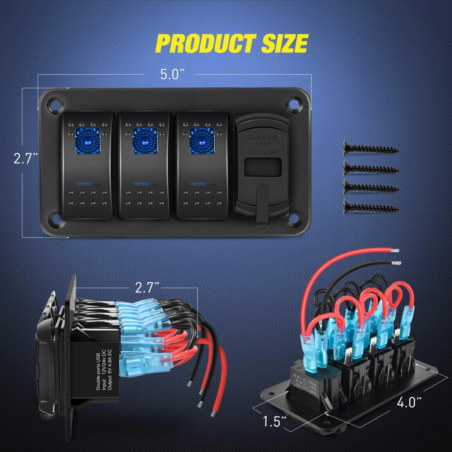 لوحة مفاتيح Waywe 3 Gang Rocker: 4.8A فولتميتر USB مزدوج (12 فولت - 24 فولت، مقاوم للماء) للسيارات/الشاحنات/القوارب/RVs، أزرق #2
