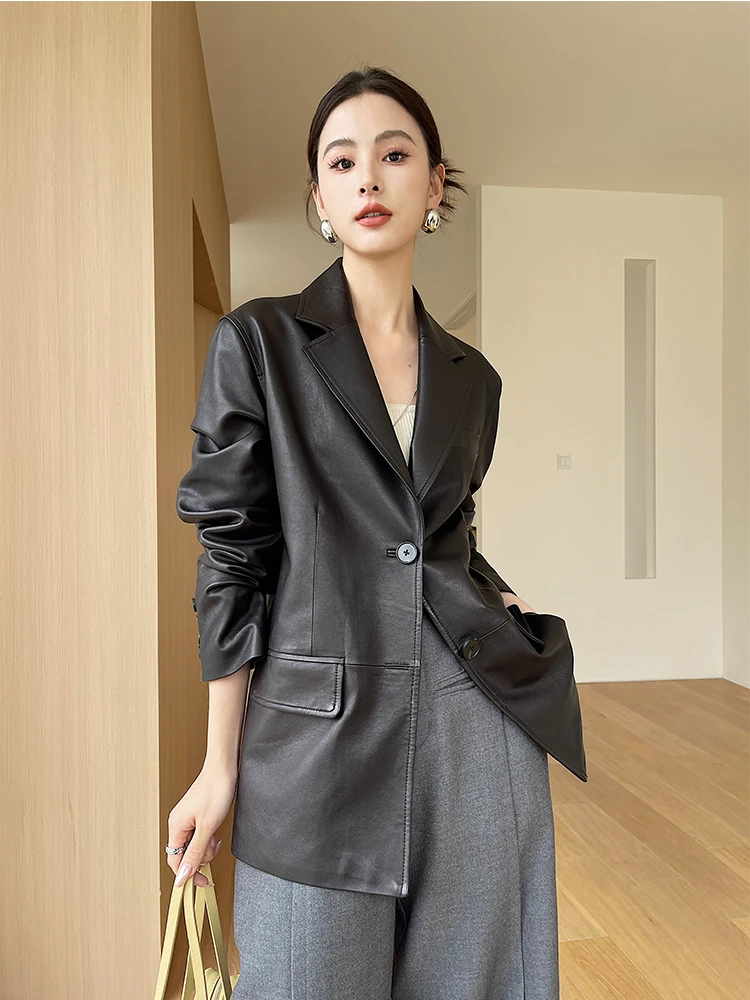 

Vintage Genuine Leather Blazer Jackets for Women Spring Autumn 2026 New High-end Casual Simple Soft Black Real Sheepskin Coat