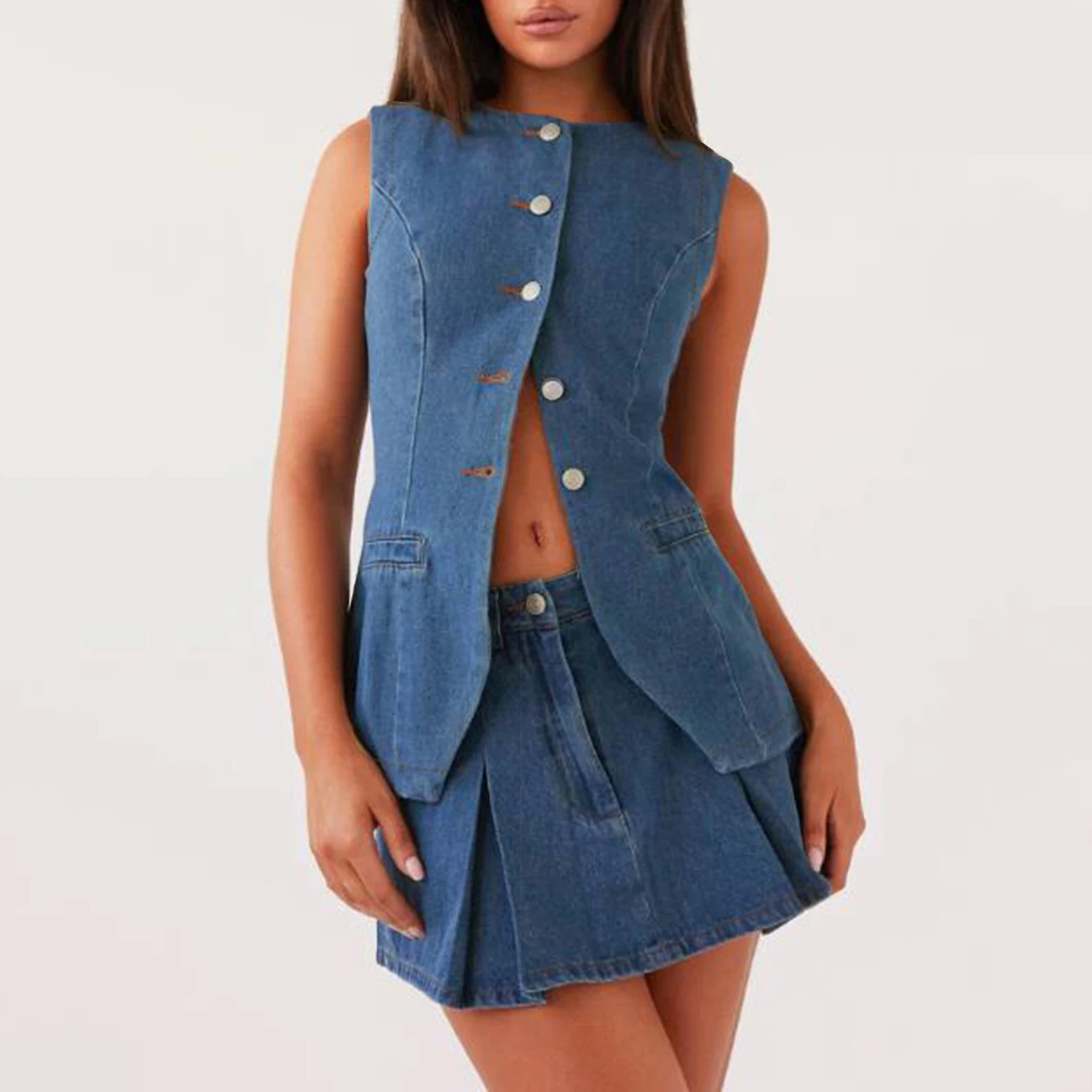 

Women's 2 Piece Denim Skirts Outfits Solid Color Buttons Sleeveless Denim Tank Tops Jean Skirts Clothes Set