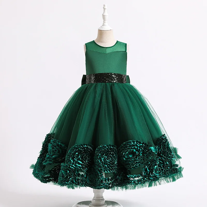 2023 Verão Rosa Vermelho Verde Menina Princesa Vestido de Festa Cerimônias de Aniversário Assimétrico Tule Casual Vestido de Baile 5-14 Ano de Idade