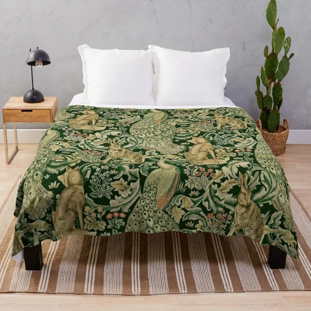 

GREEN FOREST ANIMALS ,PEACOCKS, FOX AND HARE IN GREEN LEAVES,FLORAL PATTERN Throw Blanket Plush Loose Giant Sofa Blankets