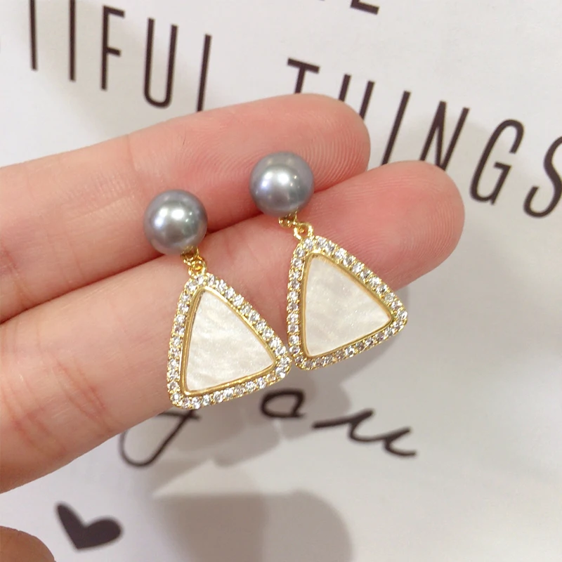 ZHBORUINI New 14K Gold Plated Natural Pearl Earrings 925 Silver Ear Needle Geometric Triangle Stud Earrings For Women Jewelry - view 3