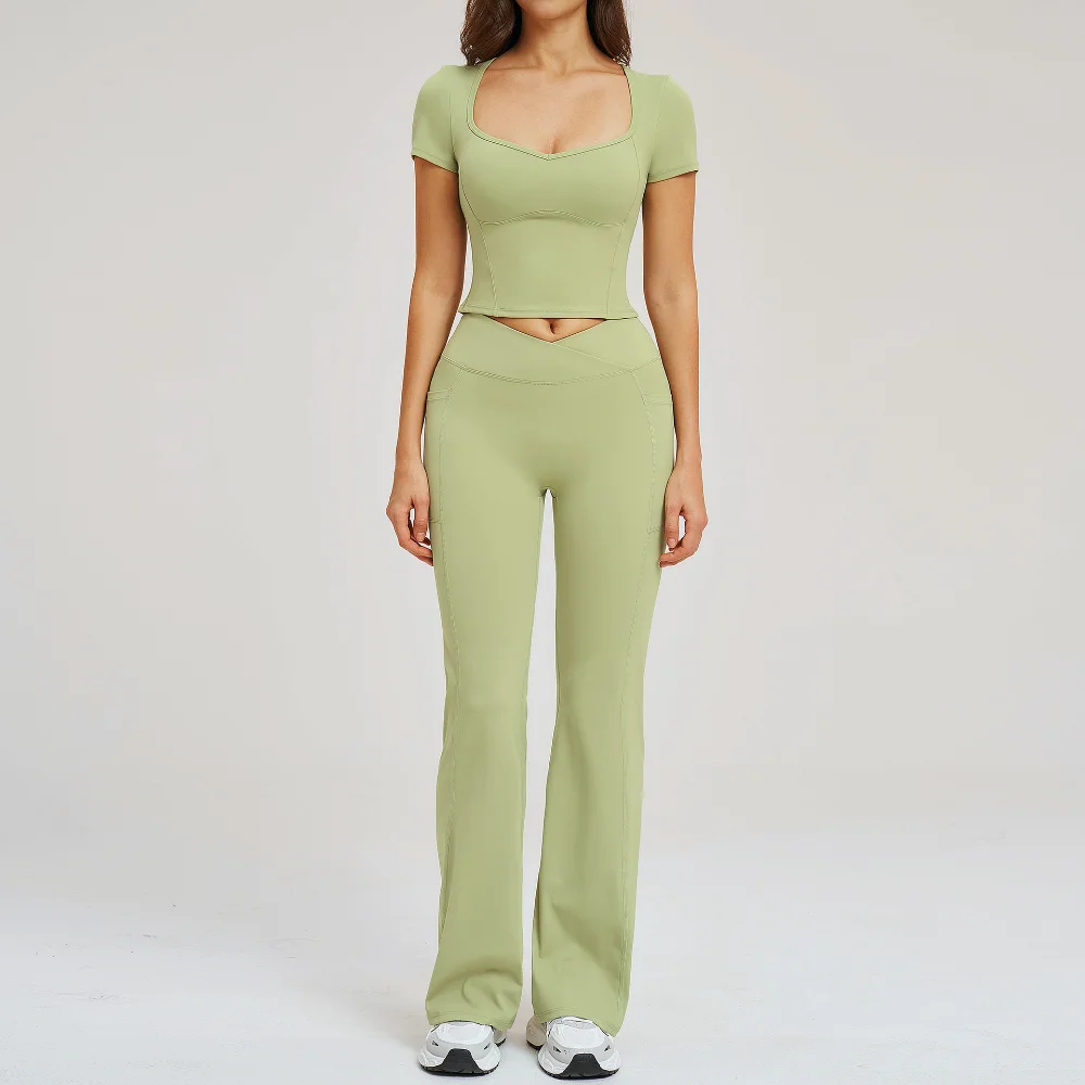 Women's Tracksuit 2 Pieces Yoga Flared Set Gym Fitness Suits Short-Sleeve Sports Set Female High Waist Workout Leggings Suit