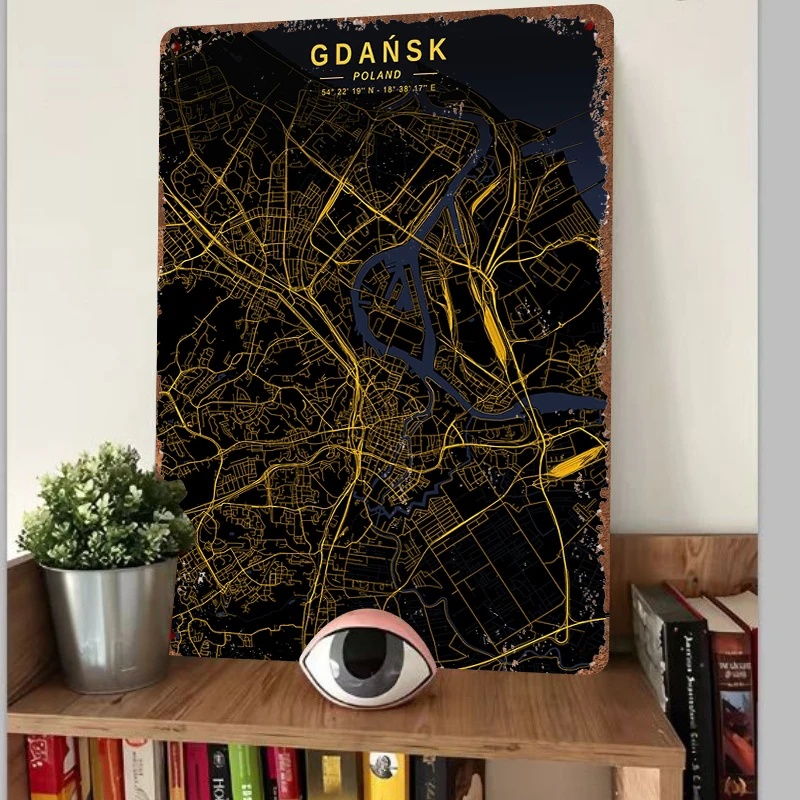 Gdansk Poland City Map Metal Wall Art Modern Minimalist Home Decor Urban Street Map Iron Painting