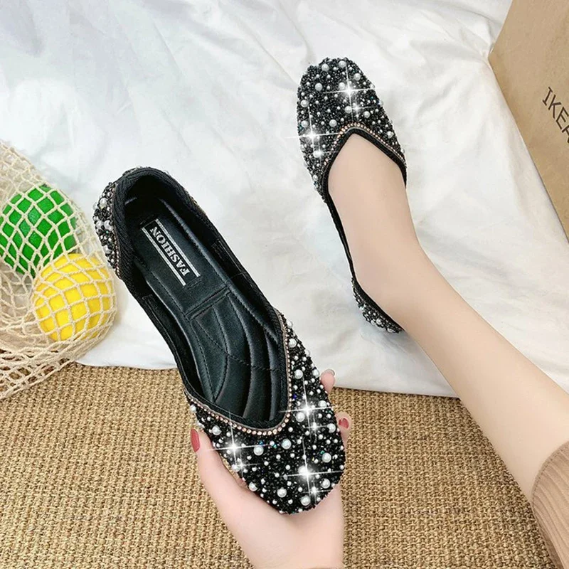 Glitter crystal pearl studs ballet shoes women square toe slip on loafers cozy shallow cut-out ballerina flats moccasins female