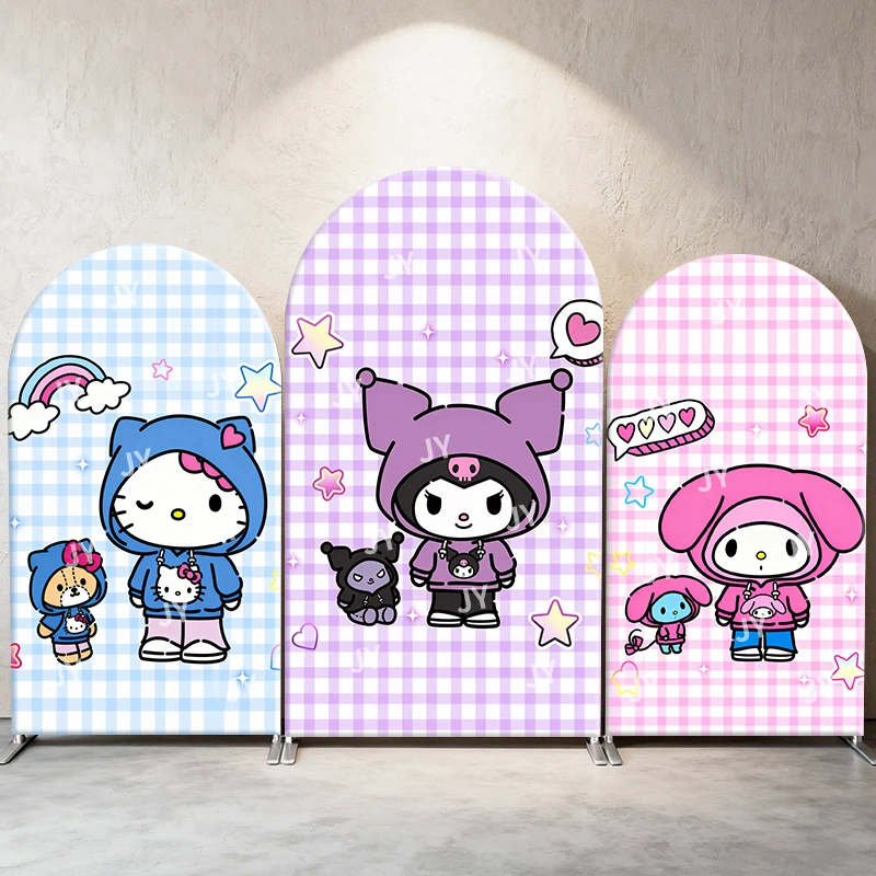 

Sanrio Characters Arch Backdrop Cover Plaid Style Cute Edgy Cartoon Style Birthday & Baby Shower Party Photo Booth Decor Props