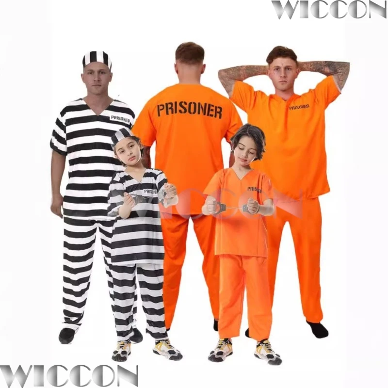 

Prisoner Anime Cosplay Orange Uniform Clothing Black And White Stripe Suit Adult Child Man Halloween Party Carnival Comic Con