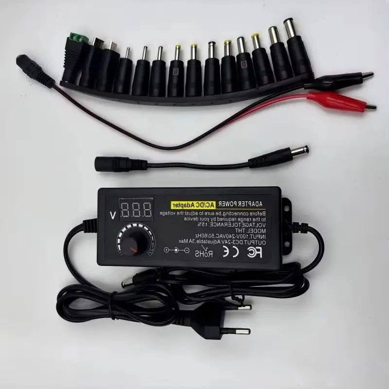 Adjustable 3V-24V 3A AC-DC Power Supply Lab Bench Universal Charger with Alligator Clips US/EU Plug for Electronics