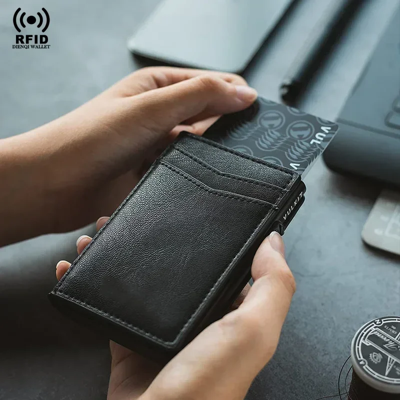 

Мужской тонкий кошелек с RFID-держателем для кредитных карт, черный кожаный чехол для карт из микрофибры, тонкий минималистичный умный кошелек Porte Carte