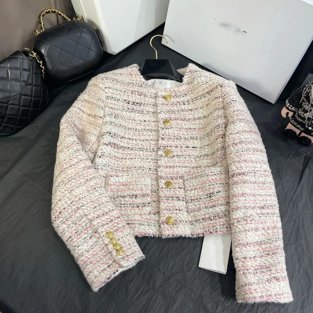 

Spring Autumn Fashion Korean Chic Vintage Tweed Coat Women Single Breasted Stripe Office Lady Outwear Jacket